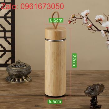 Bình giữ nhiệt bọc gỗ tre tự nhiên có dây xách khắc laser logo