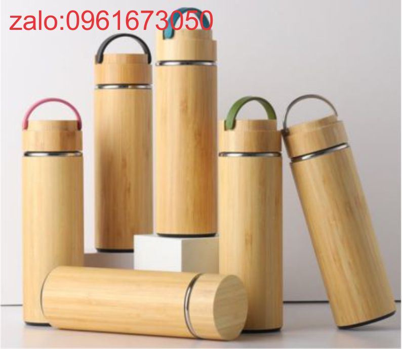 Bình giữ nhiệt nắp gỗ 450ml vỏ tre khắc laser logo giá sỉ tại tp.hcm