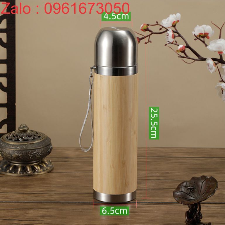 Bình giữ nhiệt vỏ gỗ tre có tay xách dung tích 500ml đặt hàng số lượng từ 100 cái