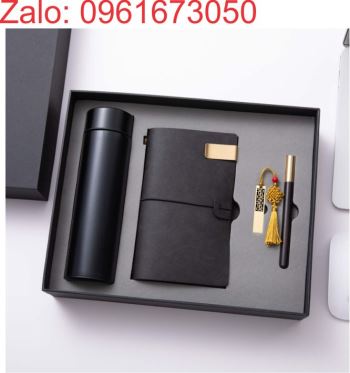 Bộ giftset quà tặng gồm bình giữ nhiệt, sổ da, bút kim loại màu đen in logo giá rẻ tại tp.hcm