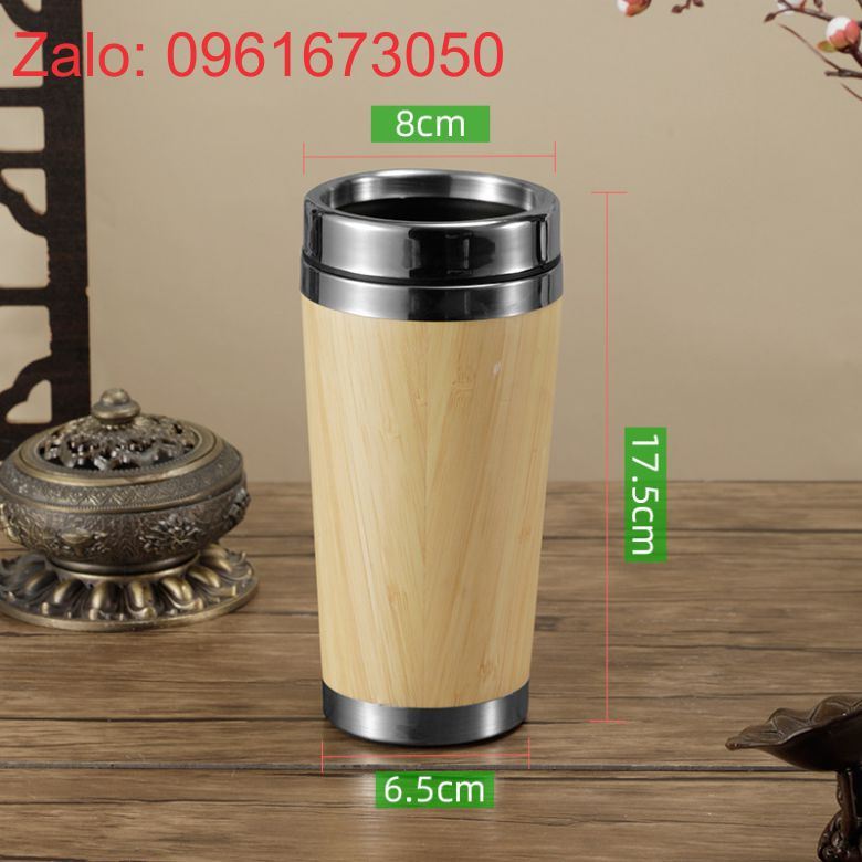 Cốc giữ nhiệt bọc gỗ tre 450ml, ly giữ nhiệt gỗ tre 450ml giá rẻ in logo, khắc laser logo khách hàng đặt hàng từ 50 cái